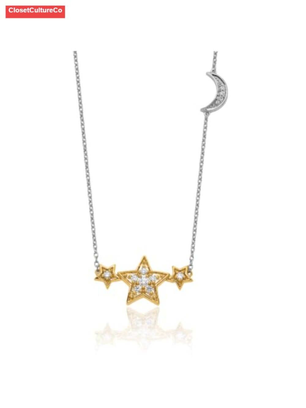 14K Two Tone Gold Lab Diamond Crescent Moon Pendant Necklace